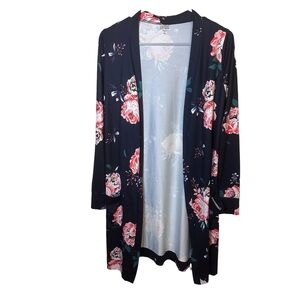 Tickled Teal Navy Blue Floral Open Front Cardigan Medium